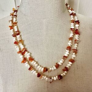 Carnelian and fresh water pearl long necklace